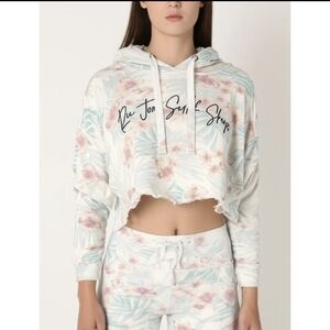 🍂3/$15 Ron Jon Surf Shop Small Pink Hibiscus Floral‎ Raw Hem Cropped Hoodie